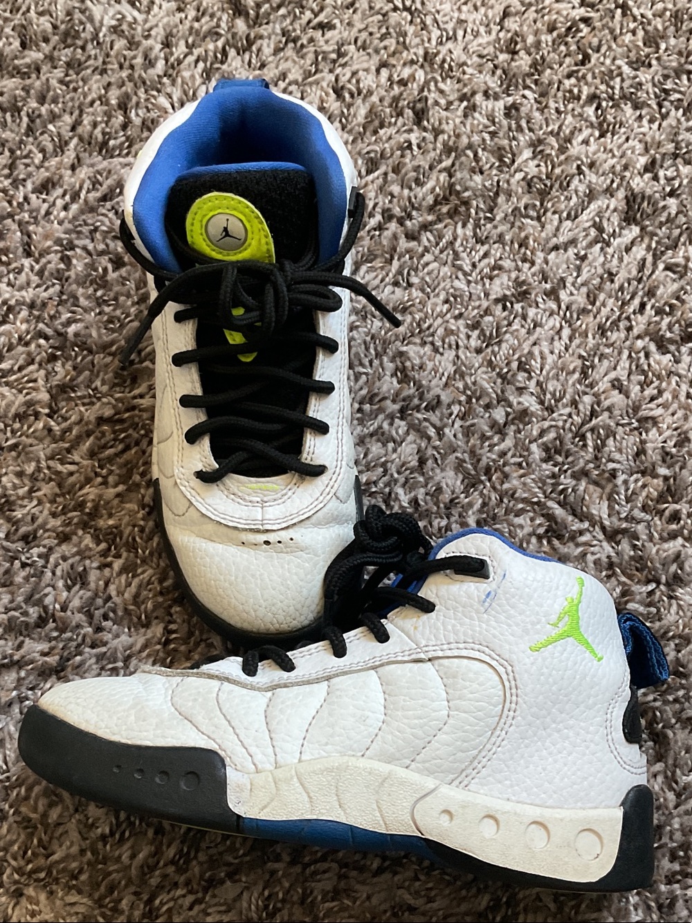 Jordan Kids White and Blue Sneakers with Neon Green Jumpman